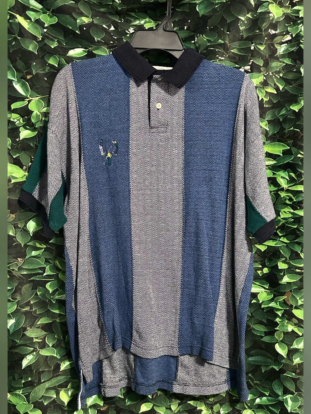 Vintage 90s Pivot Rules Knit Golf Polo Shirt Striped Blue Black Mens Large